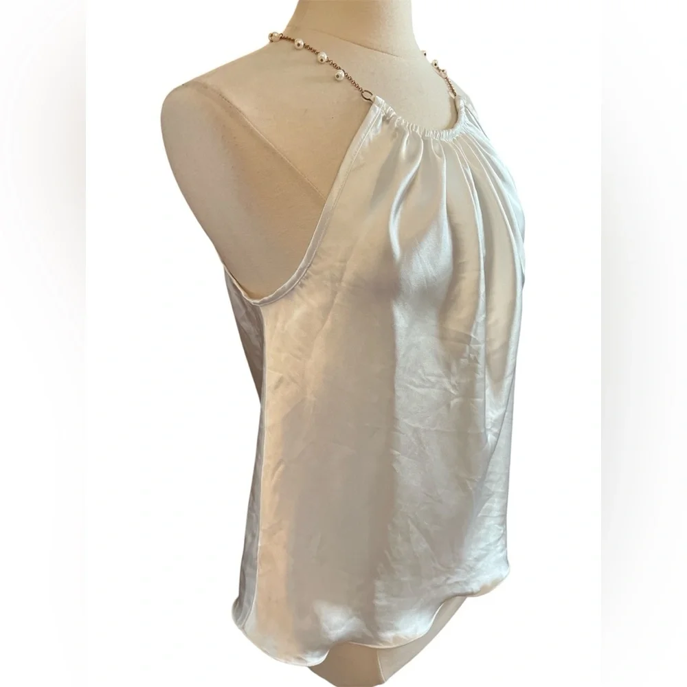 Nicole Miller white satin halter top, gold pearl-beaded necklace-style strap M - Picture 3 of 10